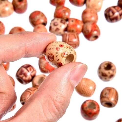 50Pcs/Set Ethnic Mixed Painted Drum Wooden Hair Beads Loose Dreadlock Braiding Ball DIY Jewelry Making Craft Bracelet