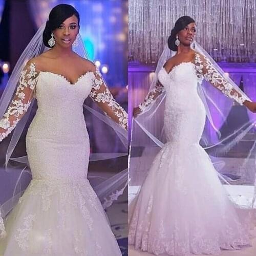 Africa Sweetheart Long Sleeve Crystal Lace Applique Custom Vestidos De Novia Mermaid Wedding Dress
