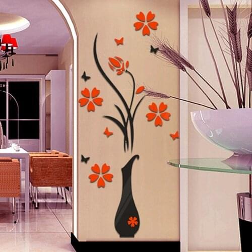 Acrylic 3D Vase Flower Tree Crystal Wall Stickers Decal Home Living room Decor