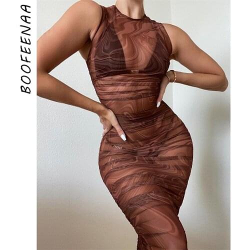 BOOFEENAA Sleeveless Bodycon Mini Dresses for Women Party Night Club Wear Sheer Mesh Printed Sexy Bandage Dress C92-BZ20