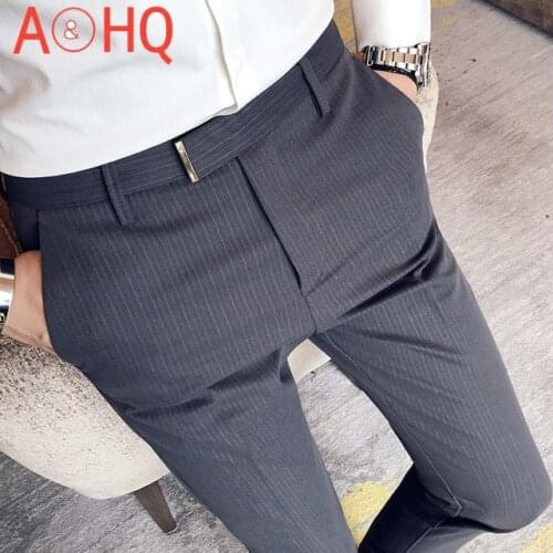 Thin Striped Ankle Length Suit Pants Male Summer Business Office Slim Fit Formal Trouser For Men 2021 Summer Fashion