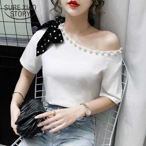 Chemisier Femme 2020 Summer Blouse New Female Korean Style College Style Beaded O-Neck Bow Loose Slimming Shirt Women 10263