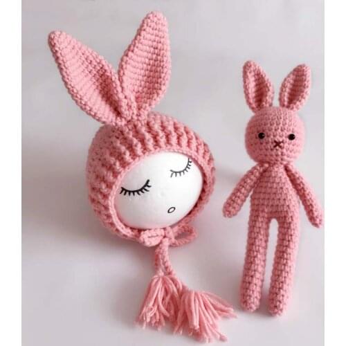 Baby Photography Props Newborn Record Growth Photography Costumes Handmade Wool Long Ear Hat Bunny Doll Wool Toy For Child Photo