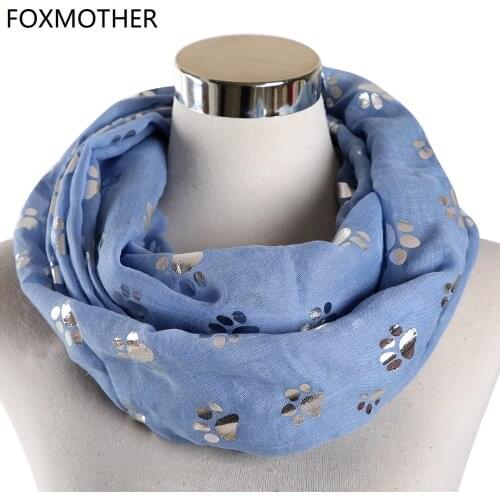 FOXMOTHER New Fashion Blue Grey White Color Foil Sliver Cat Dog Paw Scarf Snood Ring Infinity Scarf Women Ladies