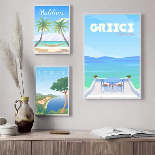 Greece Vintage Travel Poster Canvas Painting,Italy Cityscape Print,Maldives Retro City Art Wall Picture Modern Home Decor