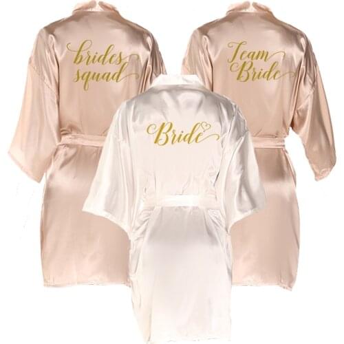 Sexy champagne robe bride satin robe women gold writing wedding mother sister of bride bridesmaid bridal party bath robes