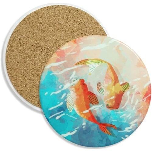 Red Koi Fishes Watercolor Japan Style Ceramic Coaster Cup Mug Holder Absorbent Stone for Drinks 2pcs Gift