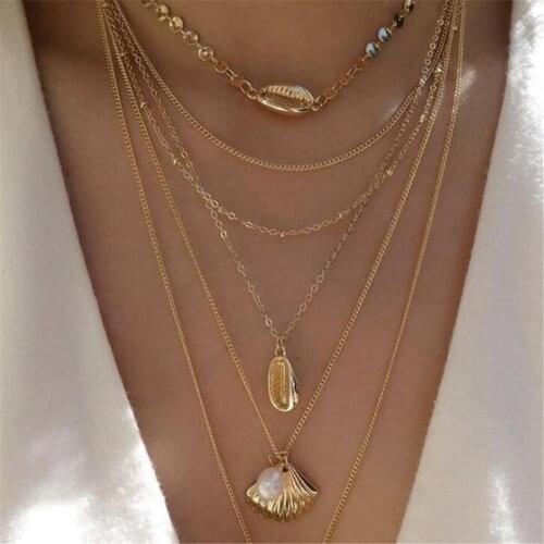 8 Style Boho Multi-layer Shell Necklaces for Women Vintage Gold Chain Long Statement Necklace Pendant fashion Choker Jewelry