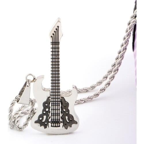 Fashion Punk Stainless Steel Male Pendant Necklace Guitar Shape 3mm chain Statement Necklace for Men