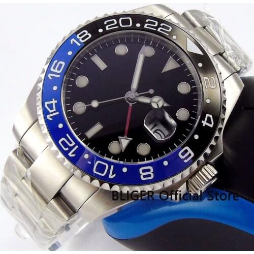 Sapphire Crystal BLIGER 43MM Nologo Big Dial Mens Watch GMT Function Blue Black Ceramic Bezel Automatic Movement Watch