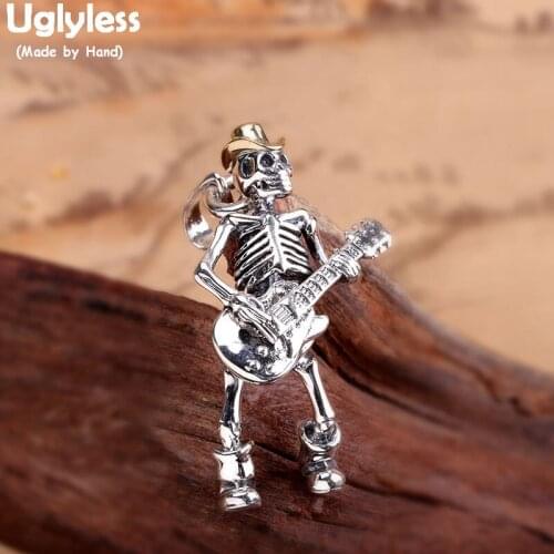 Uglyless Playing Guitar Skull Pendants for Men Cool Steam PUNK Skeleton Necklaces NO Chains 925 Thai Silver HIP HOP Jewelry P893