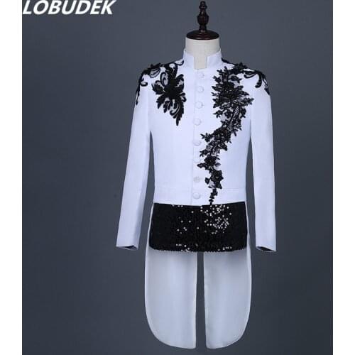 2019 New Mens Stand Collar Embroidery Swallowtail Stage Male Singer Chorus Host Magician Sequins Tailcoat Stage Costume Coat