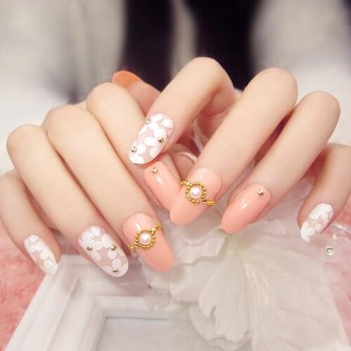 New 24pcs fashion pink base white floral pearl Nail Acrylic full cover False Nail Fake Nails art Tips Stickers with GLUE in