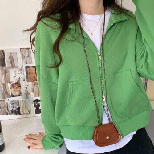 New Korean Turn-down Collar Zip-up Hoodies Women Autumn Long Sleeve Loose Sweatshirts Casual Female Jacket Coats
