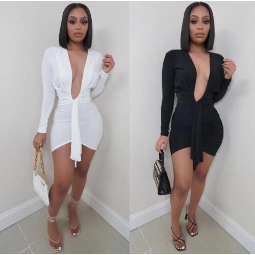 New Sexy Deep V Neck Long Sleeve Dresses for Women 2021 Black White Bodycon Mini Dress Night Club Outfits Summer
