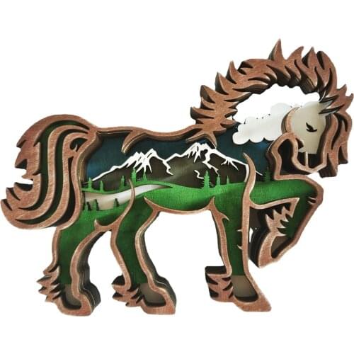 Wood Carving Animal Crafts Creative Holiday Home Desktop Decorations Multi-layer Carved Wooden Horse Ornaments 17.5x13.6cm
