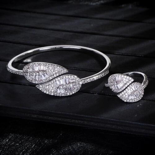 Luxury leaf shape Bangle Ring Sets Fashion Dubai Bridal Jewelry For Women Wedding brincos para as mulheres S0720