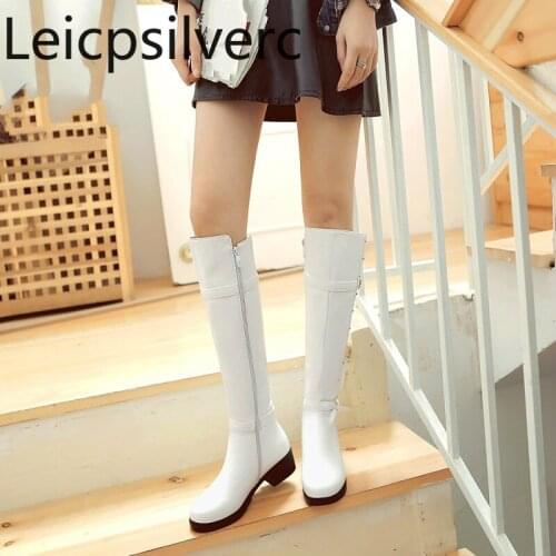 Winter new style fashion belt buckle Rivet Round head zipper Thick heel mid heel Womens High Boots plus size 34-43