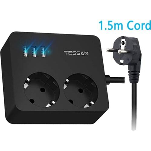 TESSAN EU Multi Power Strip with 2 Outlets 3 USB Ports 1.5M Cord Extension Travel Portable Power Socket Overload Protection Home