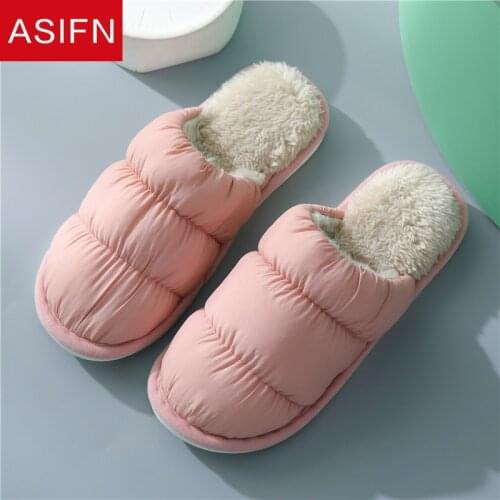 ASIFN Winter Women Men Home Cotton Slippers with Fur Warm Non-slip House Indoor Bedroom Furry Shoes for Women Zapatos De Mujer