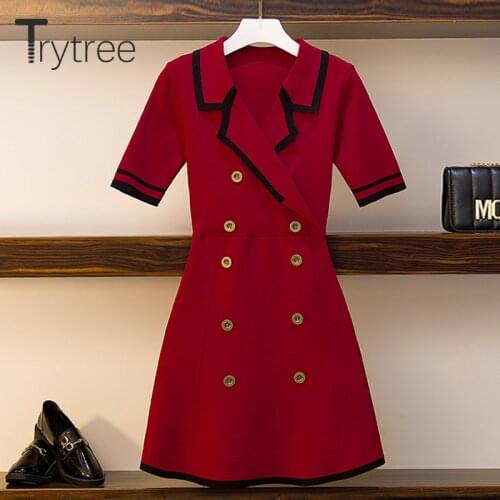 Trytree Summer Dress Elegant Casual Women Solid Notched Collar dresses Double-breasted Knitting A-line Mini Office Lady Dress
