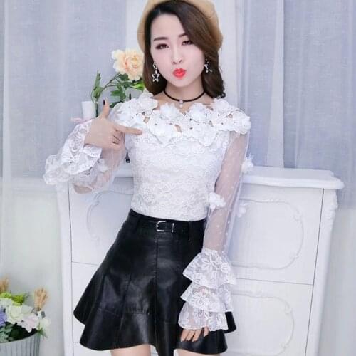 Women Lace Slash neck Blouse Casual Off Shoulder Top Sexy Club Long sleeves White Blouse Ladies Autumn Hollow Elegant Blouses