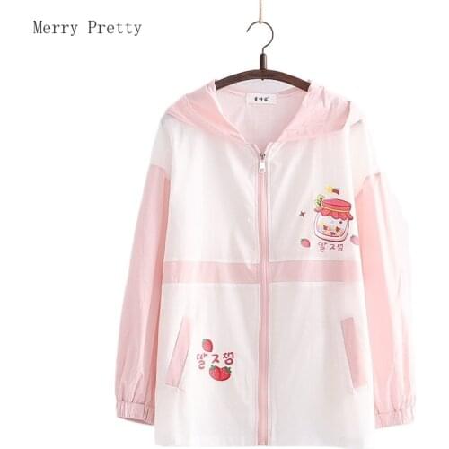 2021 Summer Women Thin Zipper Hooded Jackets Strawberry Print Long Sleeve Harakuju Jacket Sweet Style Female Kawaii Cut Coat