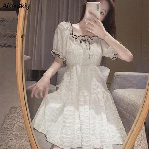 Dresses Women Ruffles Chic Preppy Style Summer Casual Party Puff Sleeve Feminine Newest Chiffon Vestidos De Mujer Aesthetic Kpop