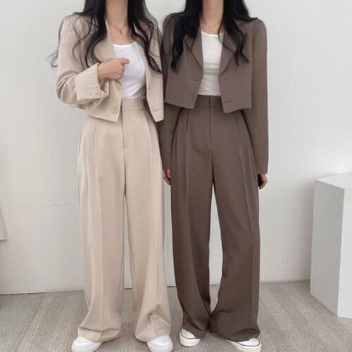 Korean Style Office Lady Blazer Sets Autumn Loose 2 Two Piece Set Women Long Sleeve Short Suit Coat + Straight Suit Pants Suits