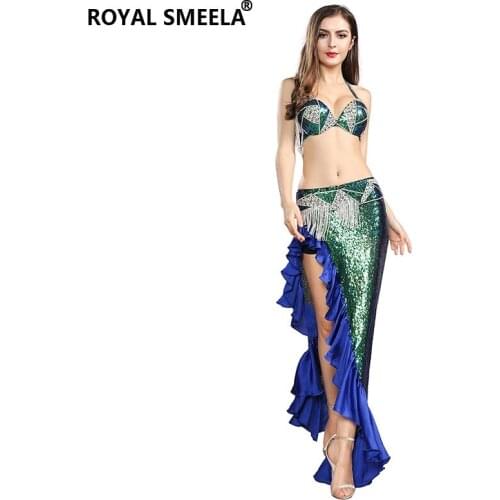 Embroidery sequin belly dance costume women sexy belly dancing dress bling rhinestone bra belt fishtail mermaid skirt dance suit