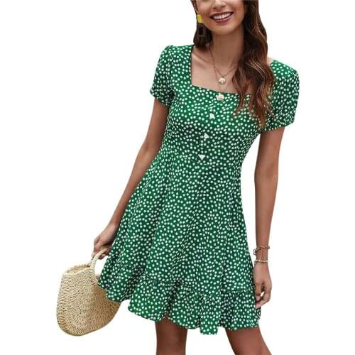 Women Summer Floral Fashion Casual Beach Boho Daisy Print Short Sleeve Square Collar Button Decor Zip Elegant A Line Mini Dress