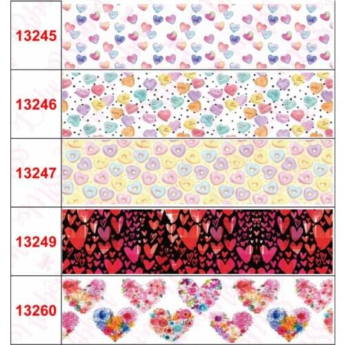 16mm-75mm Colorful Heart Series Jeans Printed Grosgrain/Foe Ribbon Geometric Pattern DIY Valentines Day Hair Band 50yards/roll