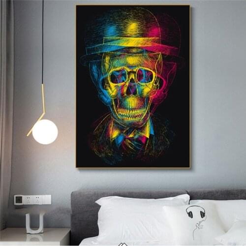 Abstract Colourful Skull Gentleman Portrait Canvas Painting Poster On Wall Art Prints Fantasy Picture For Living Room Decoration