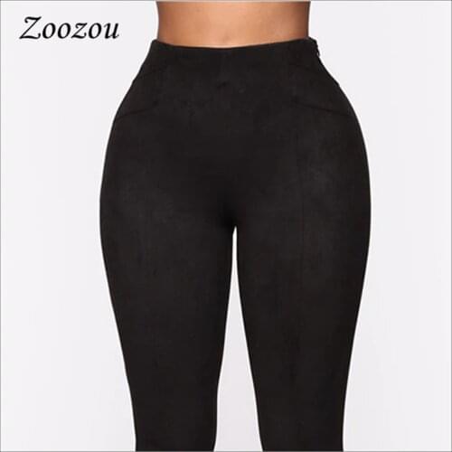 Black Bodycon Suede Leather Pants For Women Winter Warm Pencil Pant Leggings Faux Leather Trousers Elastic Slim Seamless Pants