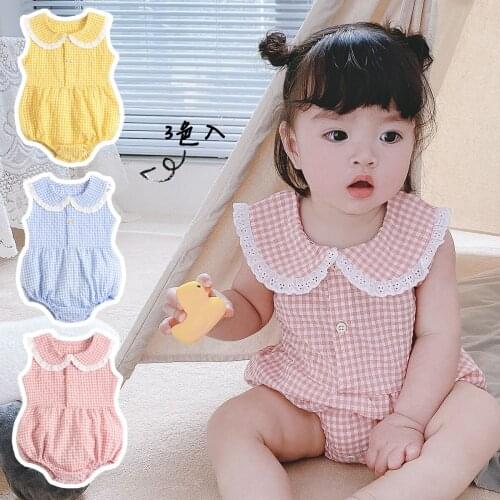 Baby Triangle Romper For Girl Plaid Lace One-piece Bodysuit Spring And Summer Cotton Newborn Creeping Clothes
