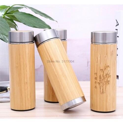 DHL 50pcs Bamboo Stainless Steel 360/450ML Vacuum Travel Vacuum Cup With Tea Infuser Strainer