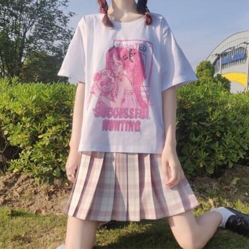 Anime Tshirt Girls Print O-Neck Tees Goth Loose Summer T-Shirts Women Harajuku Short Sleeve Oversize Top HipHop Streetwear Y2k