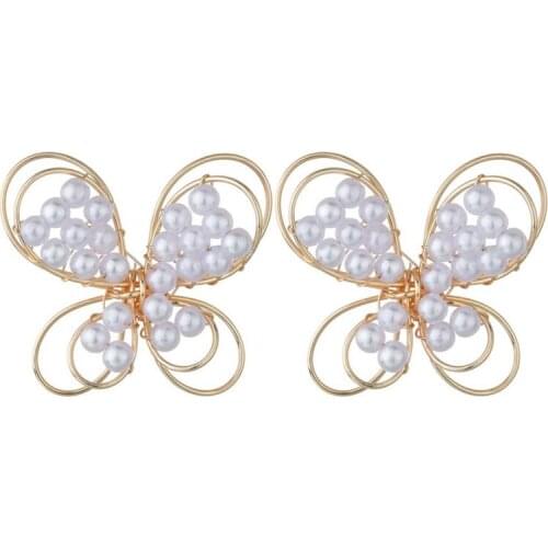 FYJS Unique Light Yellow Gold Color Wire Wrap Butterfly Shape Stud Earrings for Women Pearls Jewelry
