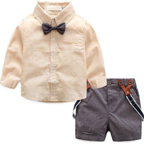 Summer Kids Boy Casual Clothes Set Cotton Half Sleeve Bow Tie Tops+ Suspender Shorts Children Gentleman Suit