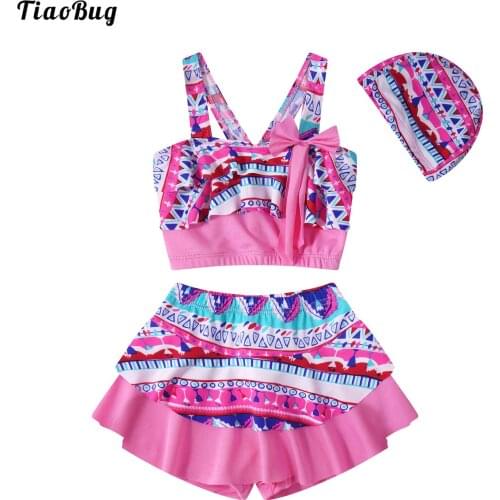 TiaoBug Summer 3Pcs Kids Girls Boho Pattern Print Swimming Suit Straps Ruffle Trim Bowknot Adorned Crop Tops With Skirt And Hat