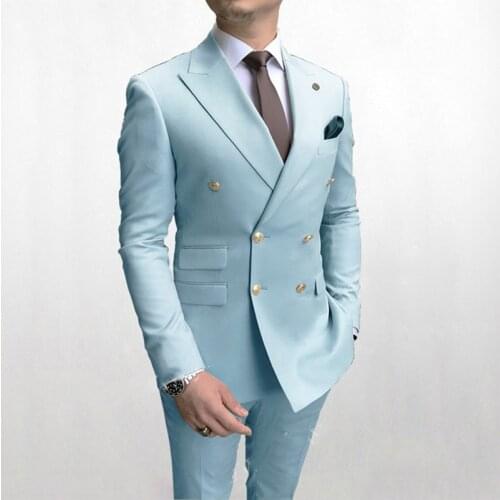 2021 New Fashion Sky Blue Men Suits Double Breasted Gold Button Groom Wedding Tuxedos Best Costume Homme 2 Pieces Jacket + Pants