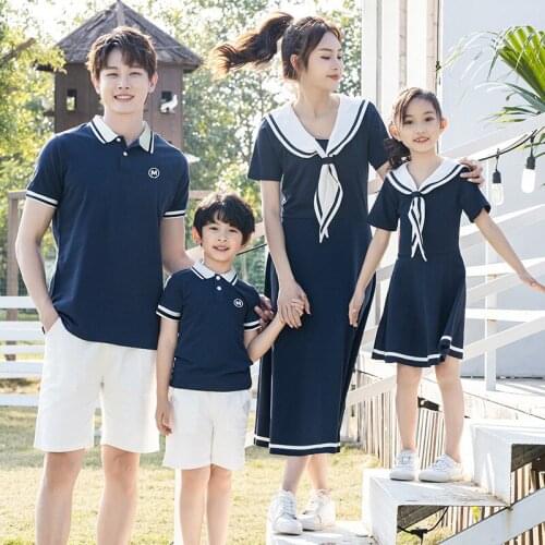 Family Matching Outfits Summer Mother And Girls Korean Navy Collar Dress Cotton T Shirts White Shorts 2pcs Set For Dad And Son