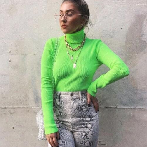Autumn Woman Basic Knitted Pullovers Fluorescence Green and Yellow Turtle Neck Long Sleeved Tops Solid Color Slim Clothes