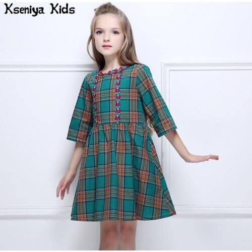 Kseniya Kids Girls Green Plaid Three Quarter Sleeve Embroidery Elegant Vintage Dresses Girl Princess Dress Palace Style Clothes