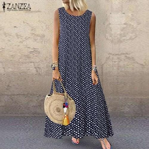 Bohemian Polka Dot Maxi Dress Womens Sundress 2019 ZANZEA Casual Sleeveless Tank Vestidos Female O Neck Party Robe