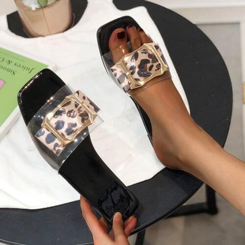 Leopard Print Slippers For Women PU Leather Flat Elegant Flip Flops Female Breathable Sandals Outdoor Square Head Casual Shoes