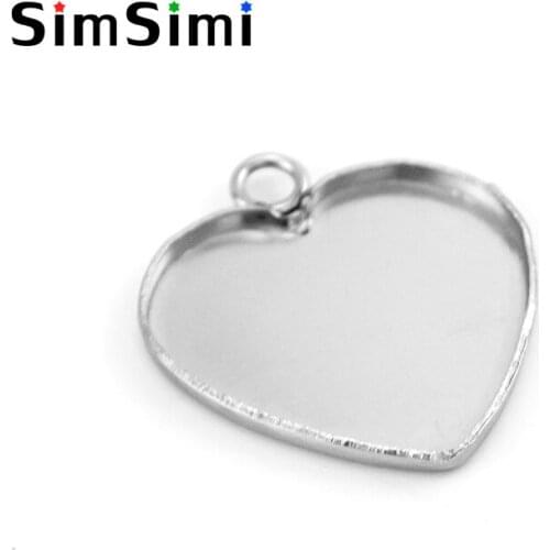 Simsimi 1 link heart shape Pendant tray DIY cabochon base Jewelry making parts Stainless steel high quality polished Tray 50pcs