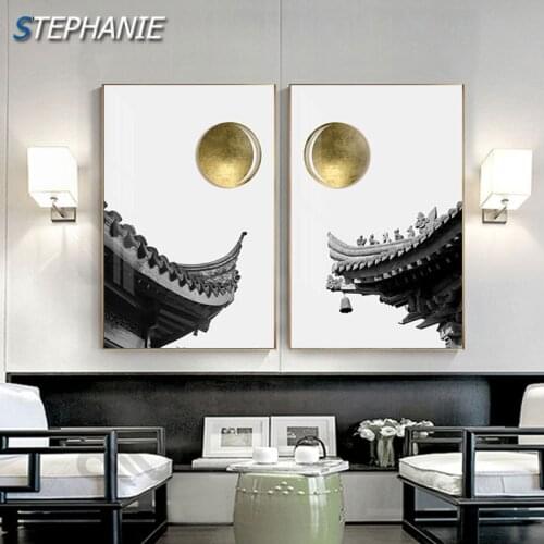Nordic Black White Poster and Print Japanese Style Temple Sky Wall Paintings for Living Room Tableaux Muraux Abstract Canvas Art