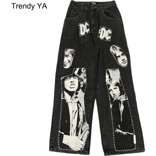 Unisex Quality Hip Hop Patchwork Jeans Pant Rock Band Print Wide Leg Streetwear Men Loose Straight Denim Patch Couples Trousers