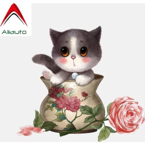 Aliauto Funny Car Stickers Cute Cat Hiding In A Vase Accessories Vinyl Decal for Hyundai Honda Nissan Mazda Opel,14cm*13cm